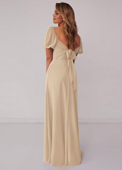 Chiffon A-line Dress with Puff Sleeves-AZ6909811